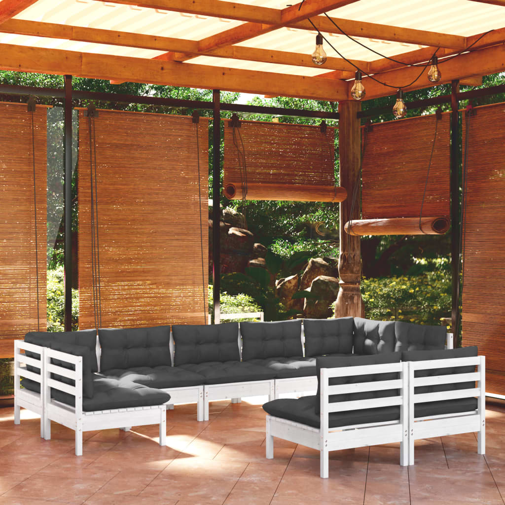 9-tlg. Garten-Lounge-Set mit Kissen Weiss Kiefer Massivholz